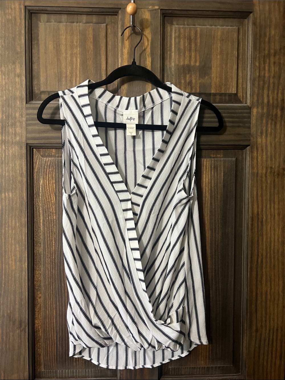 Daytrip White and Black Striped Faux-Wrap Sleeveless Camisole